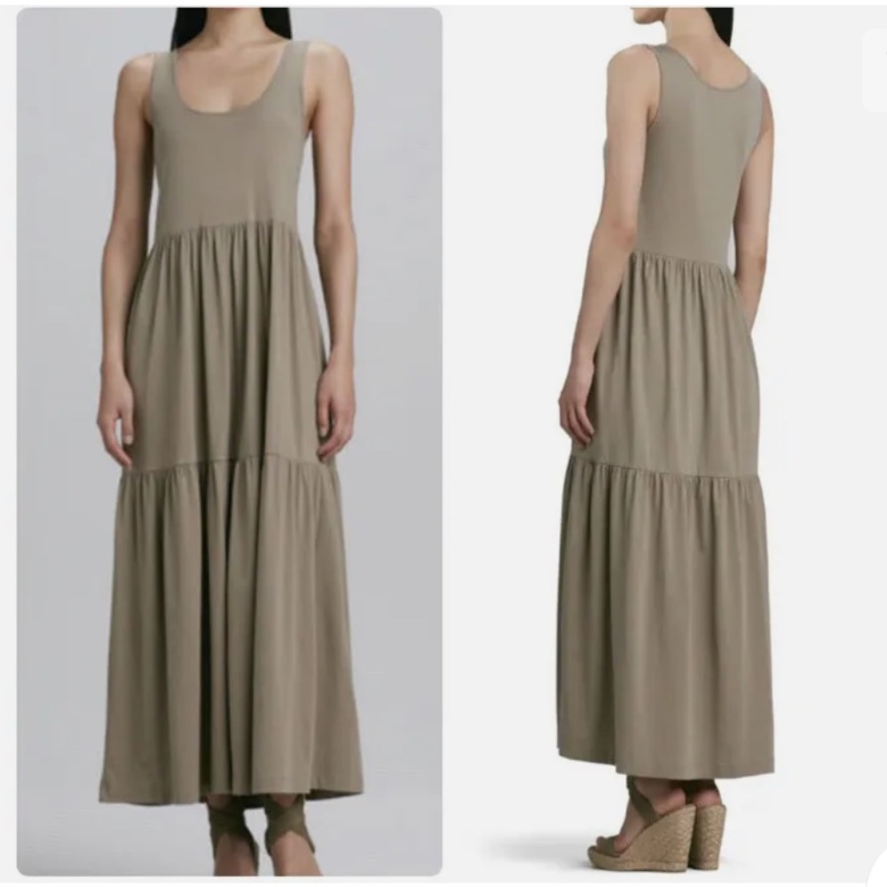 Joan Vass Tan Khaki Sleeveless Solid Tiered Maxi Dress Sz 1